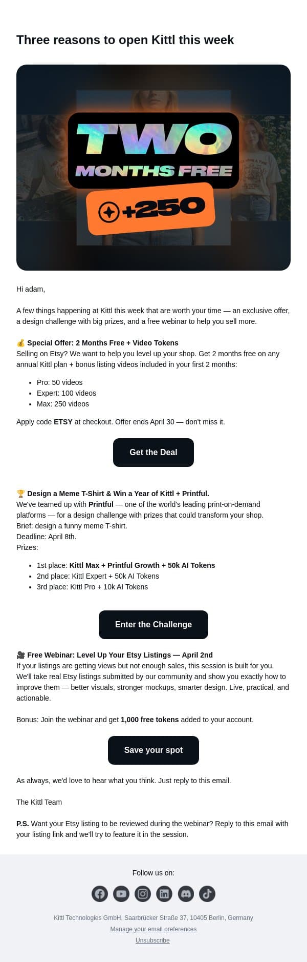 Get 2 months free on any annual Kittl plan + Free Tokens email from Kittl screenshot