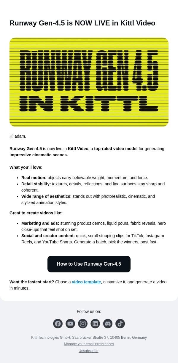 New AI Video Model: Runway Gen-4.5 email from Kittl screenshot