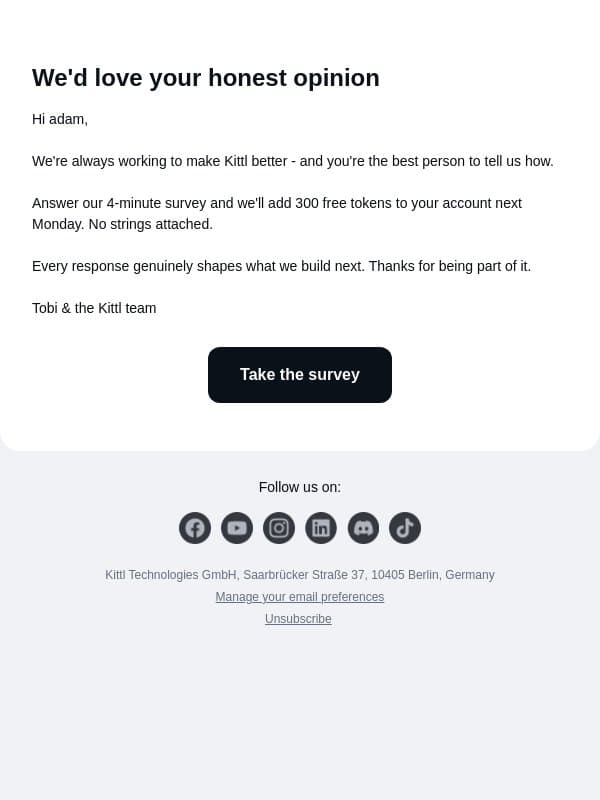 Your free 300 tokens are waiting 🎁 email from Kittl screenshot