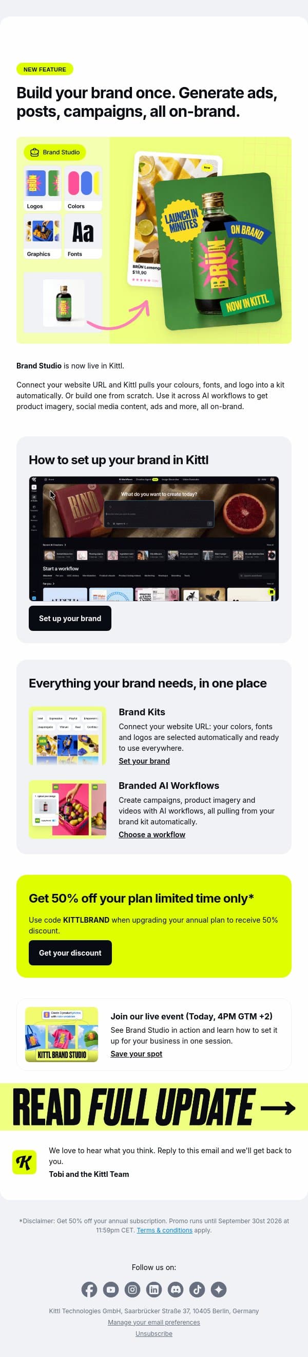 New in Kittl: your brand, built into every launch email from Kittl screenshot
