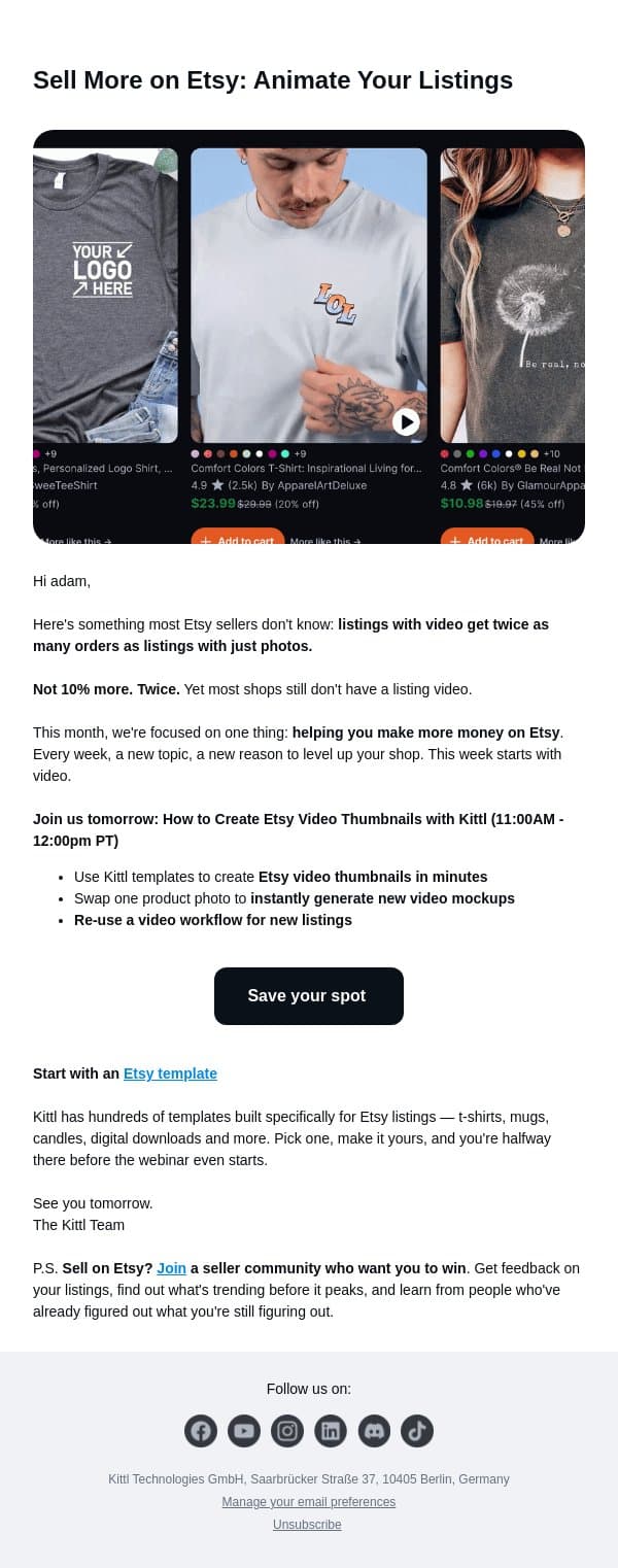 Why your Etsy listings aren't selling (and the fix takes minutes) 🎬 email from Kittl screenshot