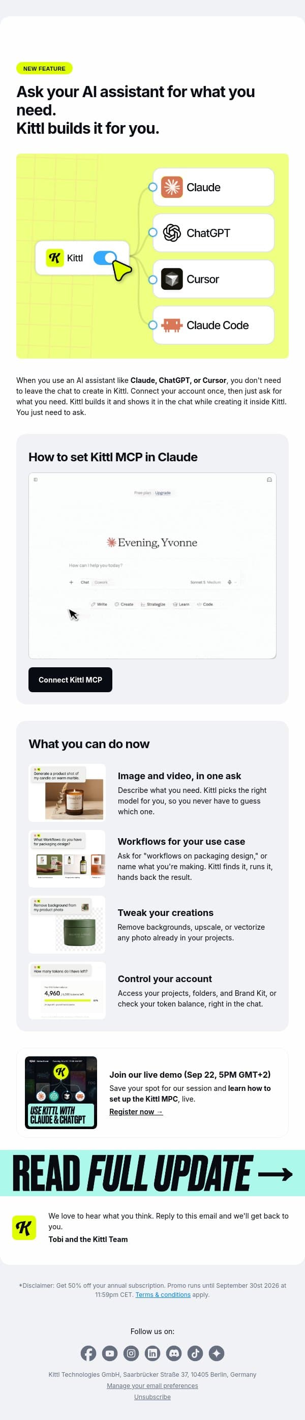New: Connect your AI assistant with Kittl MCP email from Kittl screenshot