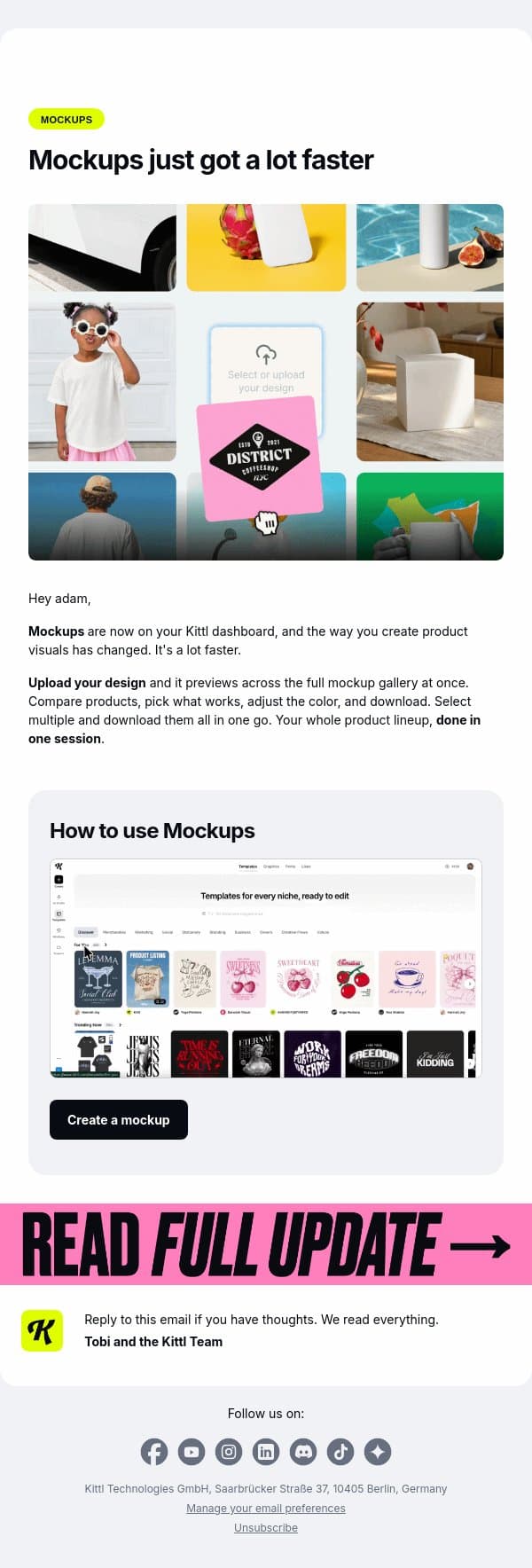 Your mockup workflow just got a lot shorter email from Kittl screenshot