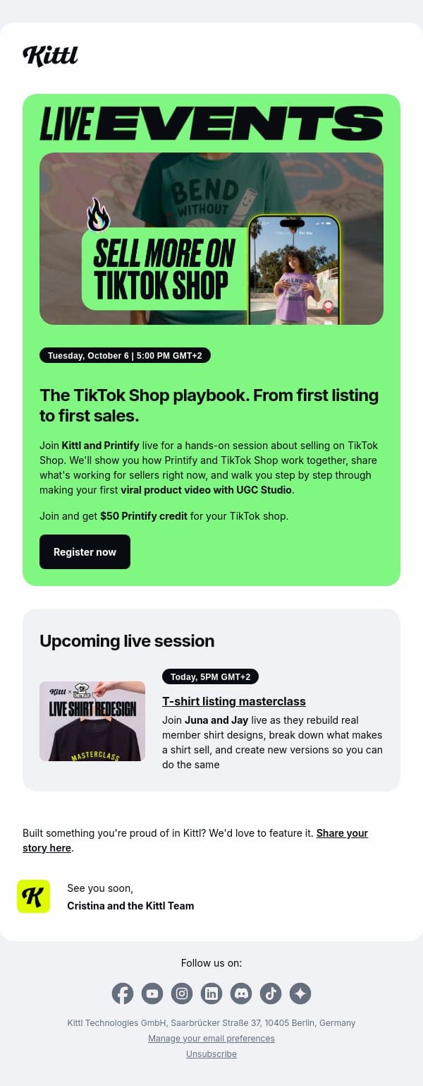 Join live: the TikTok Shop playbook with Printify email from Kittl screenshot