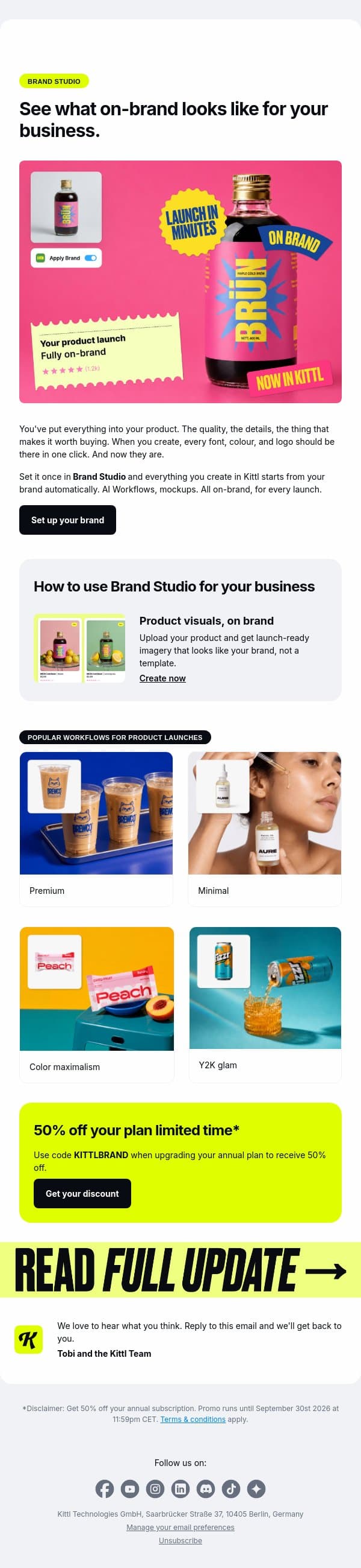 This is what an on-brand product launch actually looks like email from Kittl screenshot