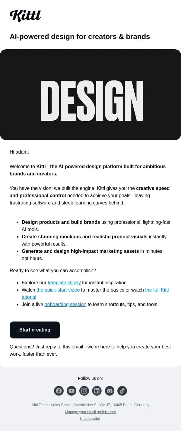 Welcome to Kittl — let’s get creating email from Kittl screenshot