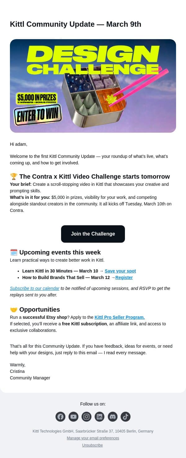 Join the $5,000 Kittl x Contra Challenge 🚀 email from Kittl screenshot