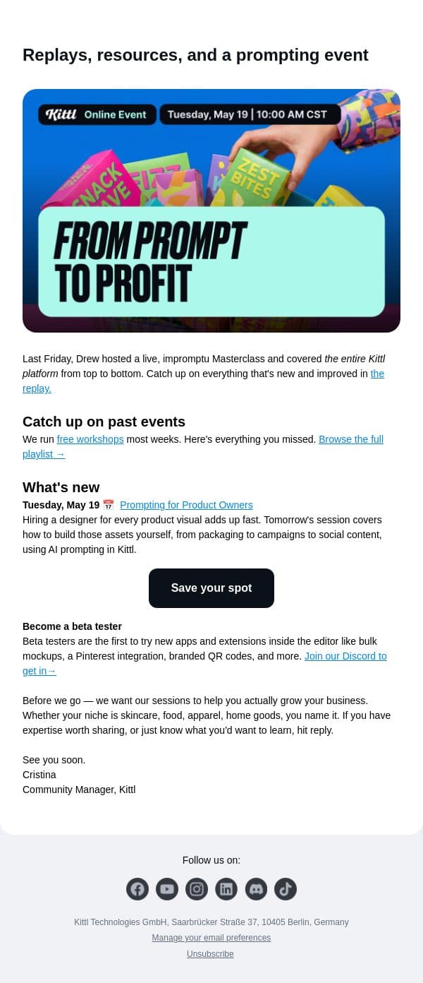 Missed the Kittl Masterclass? email from Kittl screenshot