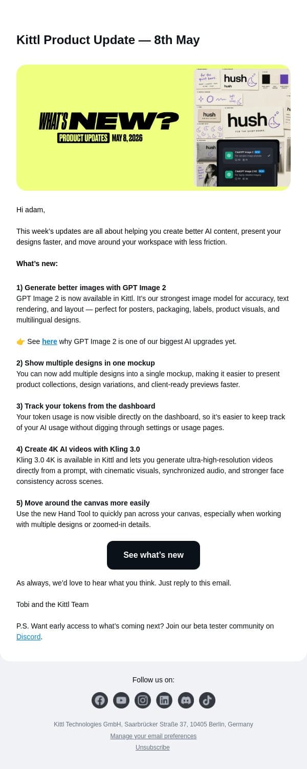 New in Kittl: GPT Image 2, Kling 3.0 4K, smarter mockups & more email from Kittl screenshot