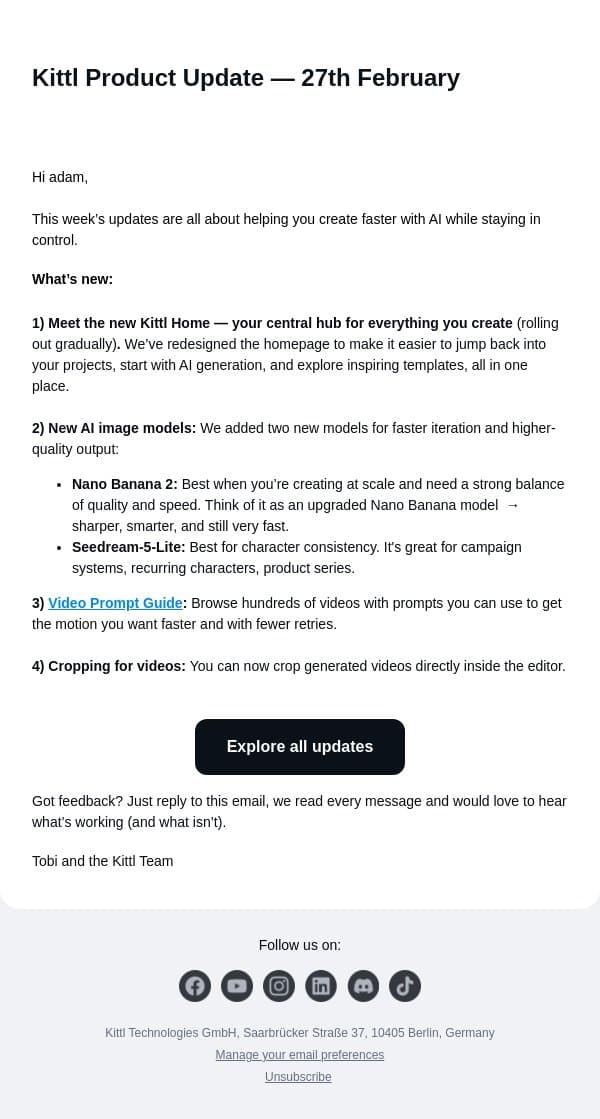 New in Kittl: Updated Home page, new AI models, video cropping email from Kittl screenshot