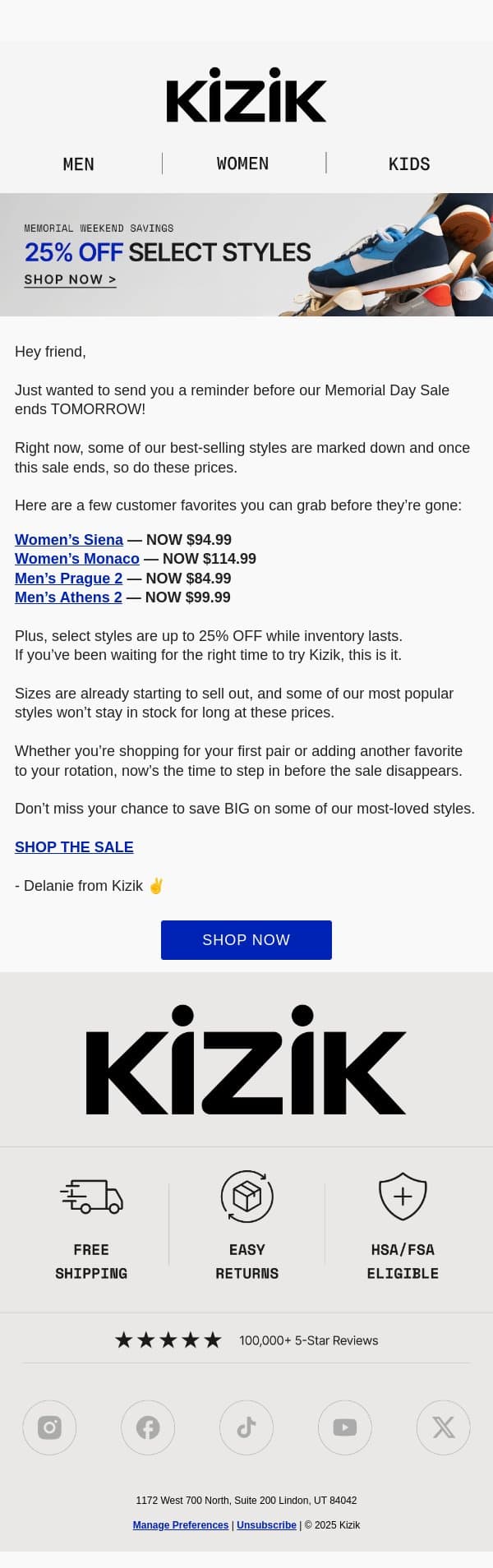 Quick reminder friend! email from Kizik screenshot