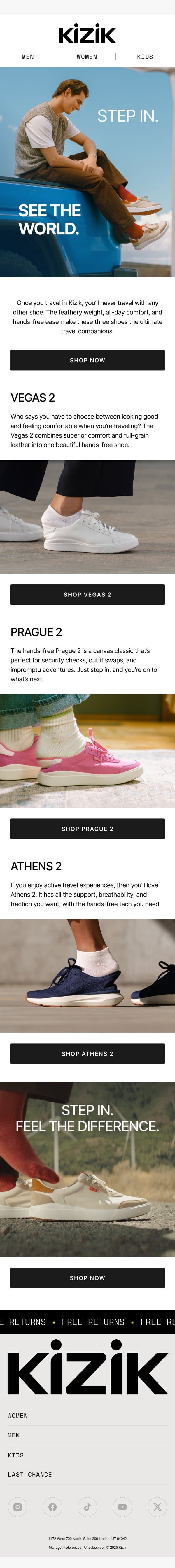 Shoes built for airports, streets, and sunsets email from Kizik screenshot
