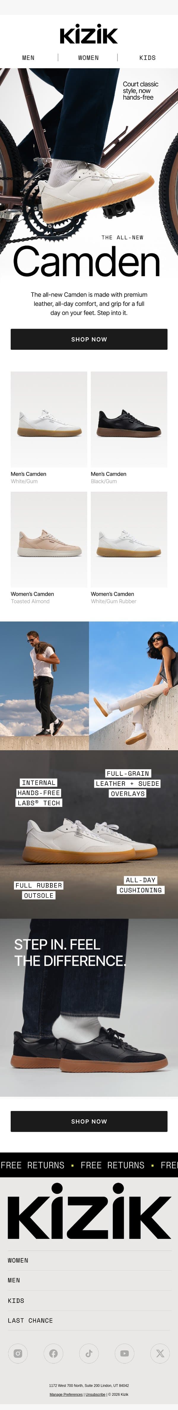 The all-new Camden. Real leather. Unreal comfort. email from Kizik screenshot
