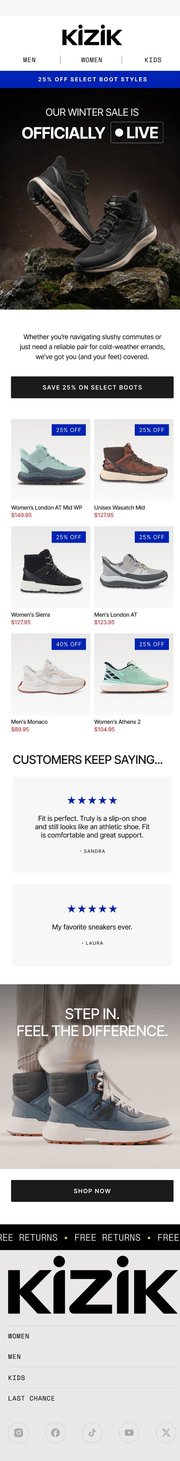 Our Winter Sale Is Officially Live ❄️ email from Kizik screenshot