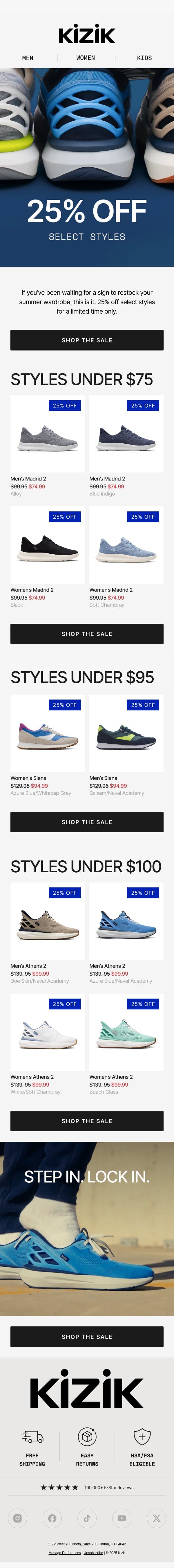 25% Off select styles for Memorial Day! email from Kizik screenshot