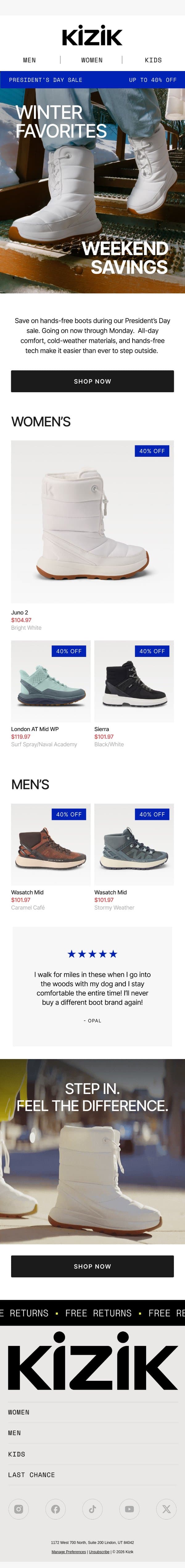 Presidents’ Day Savings Start Now ❄️ email from Kizik screenshot
