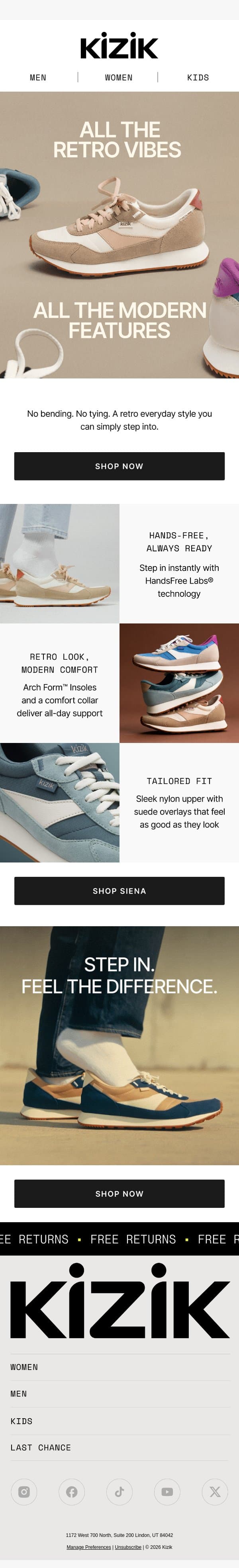 Old-School Look. New-School Comfort. email from Kizik screenshot