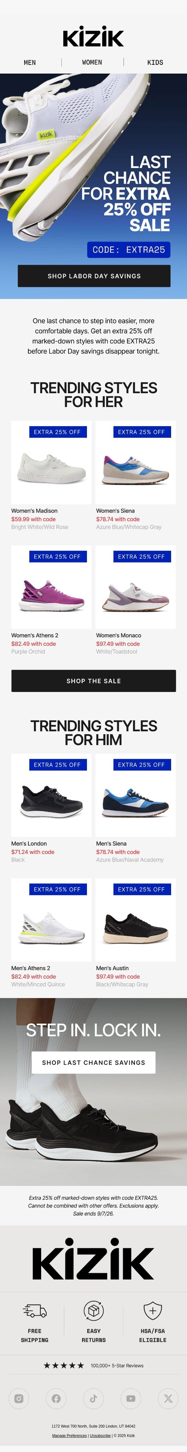 Last Chance: Labor Day Savings End TODAY email from Kizik screenshot