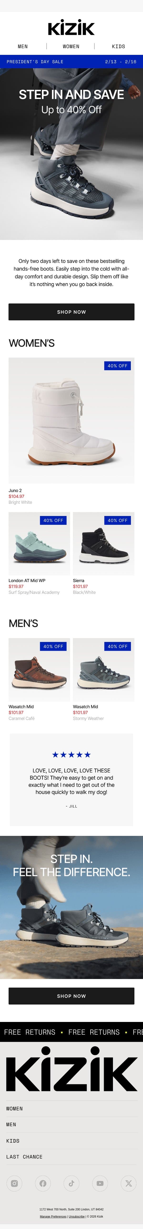 Don’t Miss 40% Off Winter Favorites email from Kizik screenshot