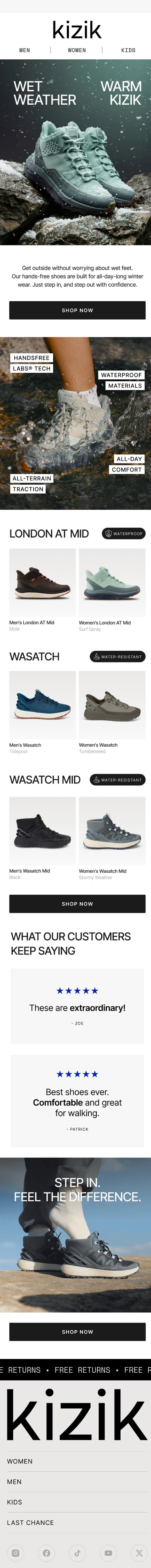 Built for Wet Weather, Designed for Ease email from Kizik screenshot