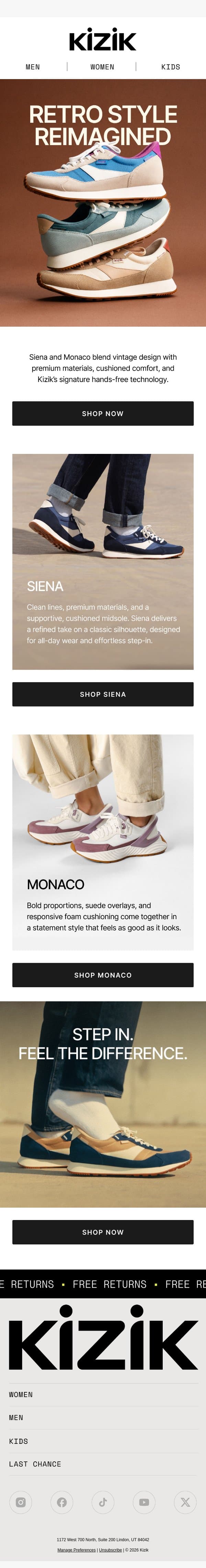 Old-School Cool. New-School Comfort. email from Kizik screenshot