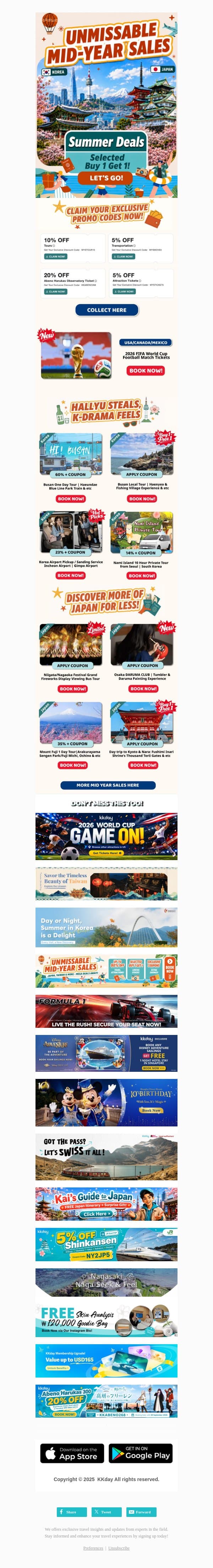🔥Selected Buy 1 Get 1 Mid Year Sales!! email from Kkday screenshot