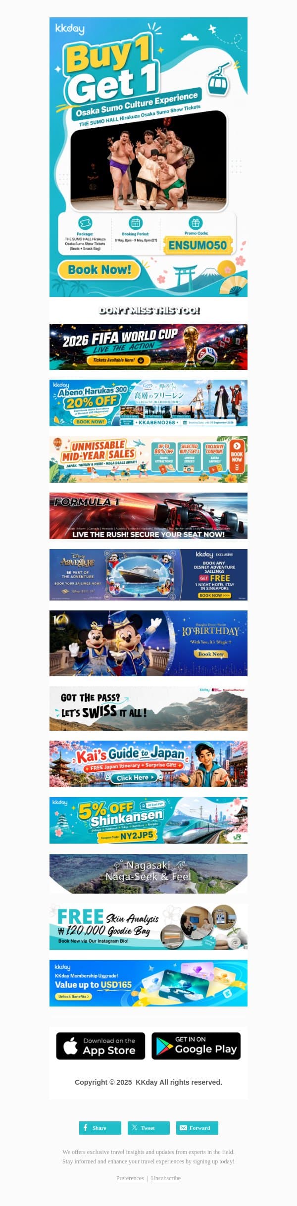 🎁Flash Buy 1 Get 1 on Osaka Sumo Show Tickets! email from Kkday screenshot