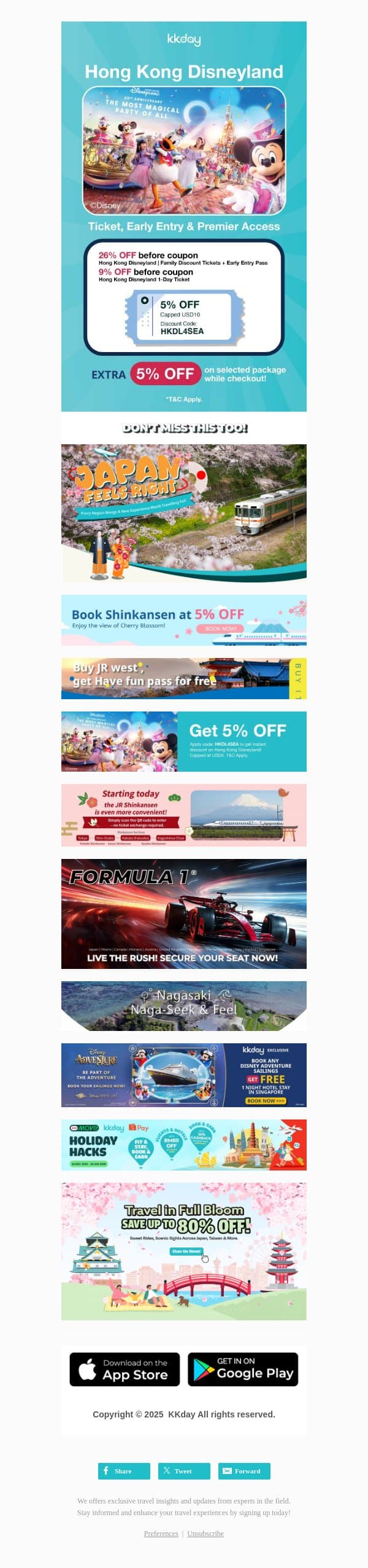 EXTRA 5% OFF on Hong Kong Disneyland! email from Kkday screenshot