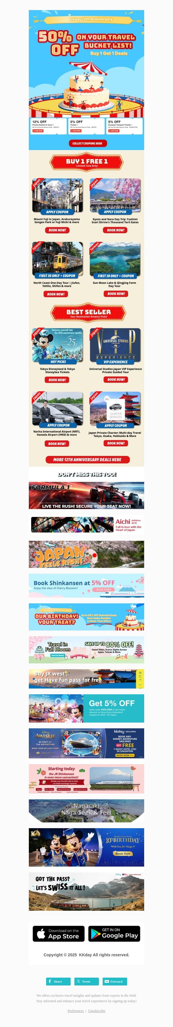 🥳 Buy 1 Get 1 Deals on 12th Anniversarry! email from Kkday screenshot