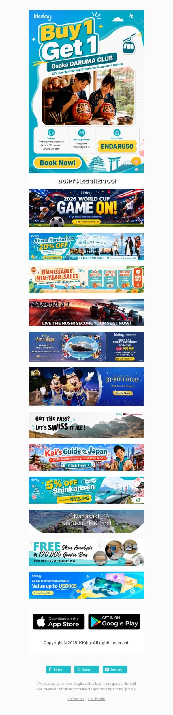 🎁 Flash Buy 1 Get 1 on Osaka Daruma Painting Tickets! email from Kkday screenshot