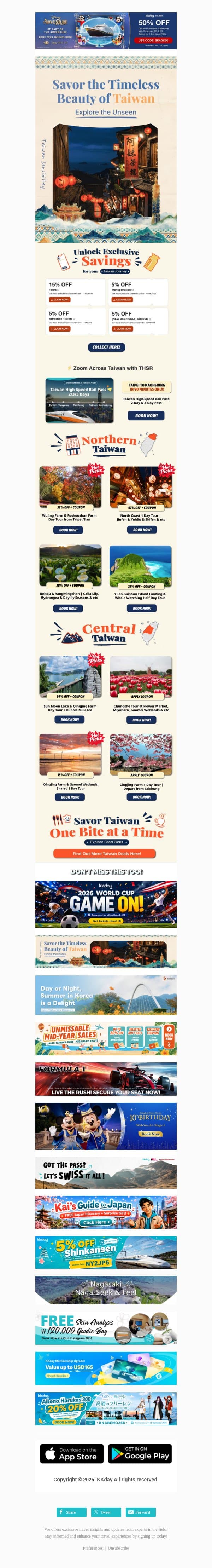 🔥 15% OFF Taiwan Tours! email from Kkday screenshot