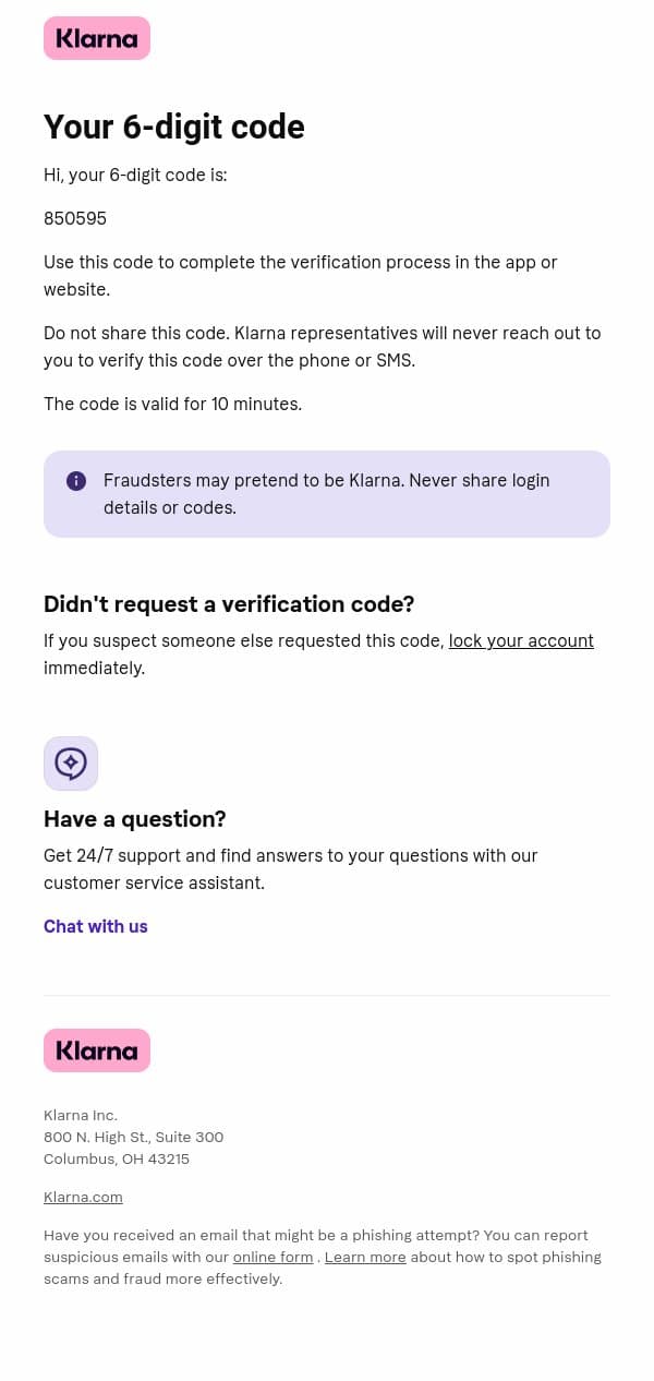 850595 is your 6-digit code email from Klarna screenshot