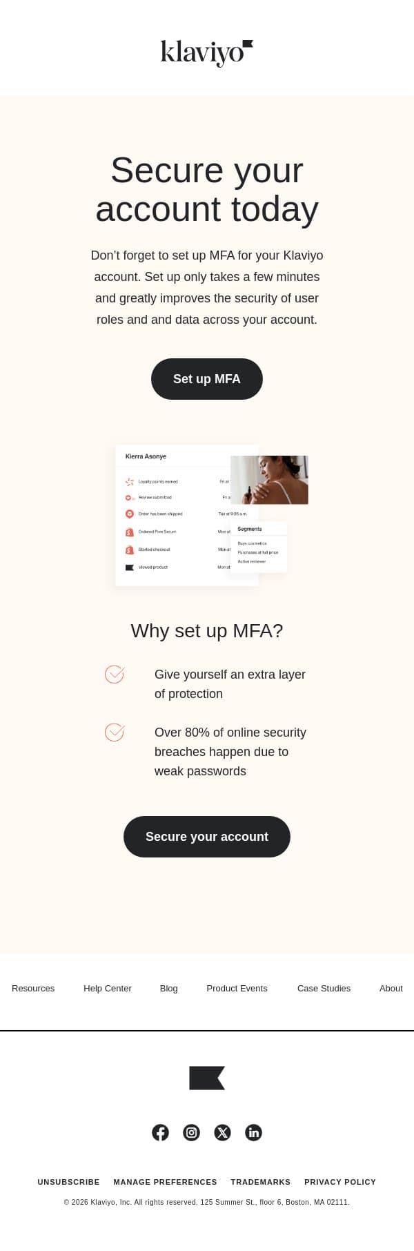 Set up MFA for your Klaviyo account email from Klaviyo screenshot