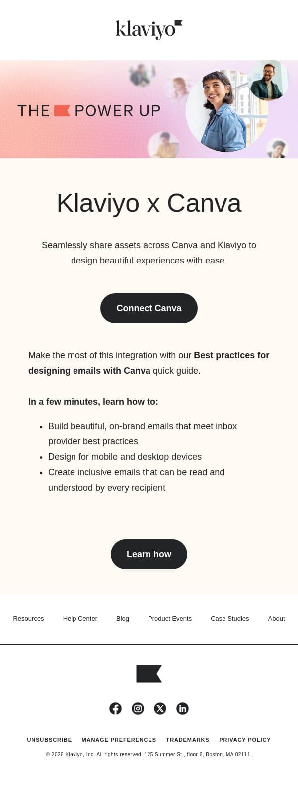 Connect to Canva for faster email design email from Klaviyo screenshot
