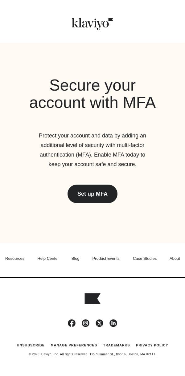 Secure your account with MFA email from Klaviyo screenshot