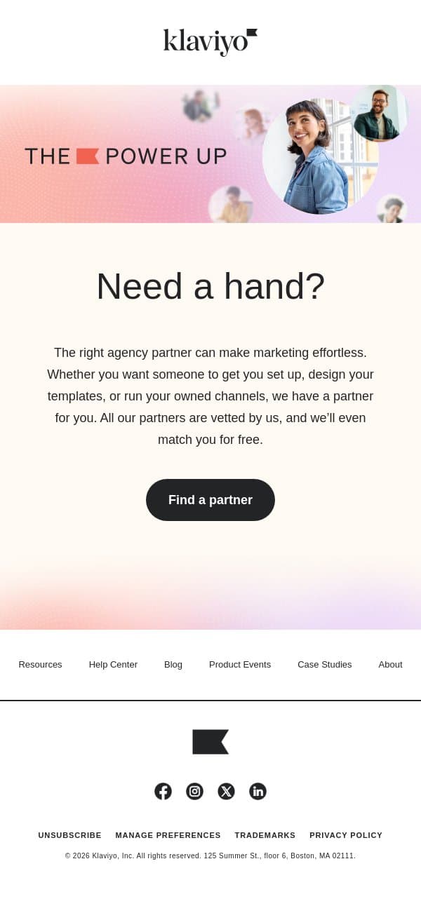 Need a hand? Find the right partner for your business email from Klaviyo screenshot