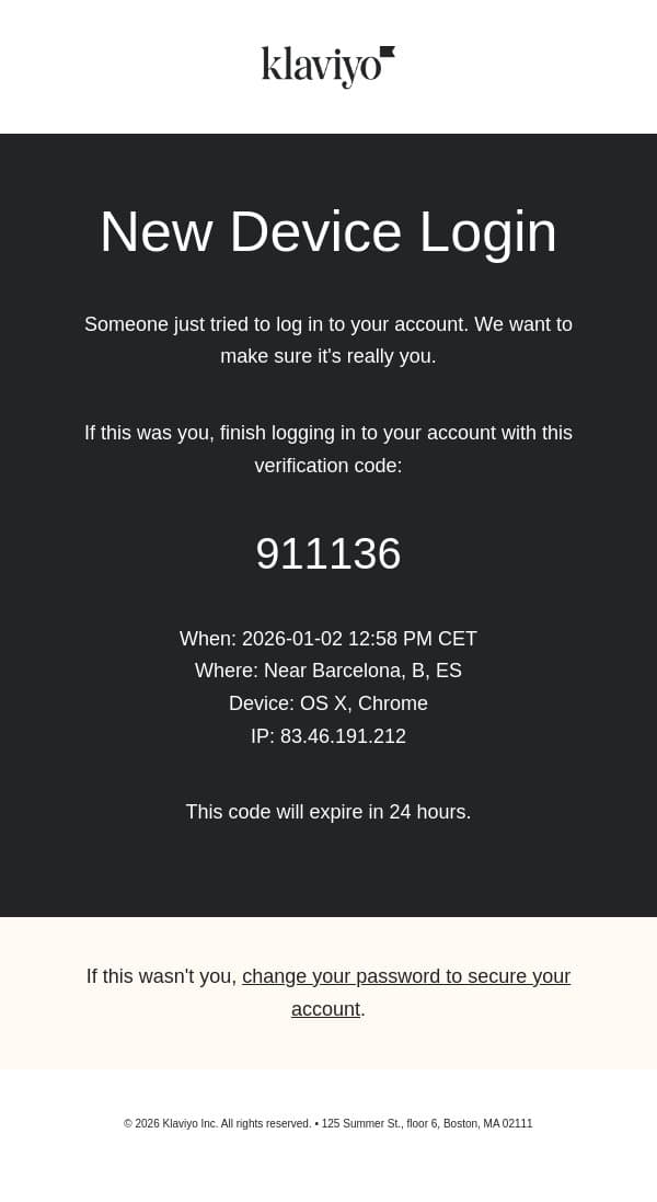 New device login on Klaviyo email from Klaviyo screenshot