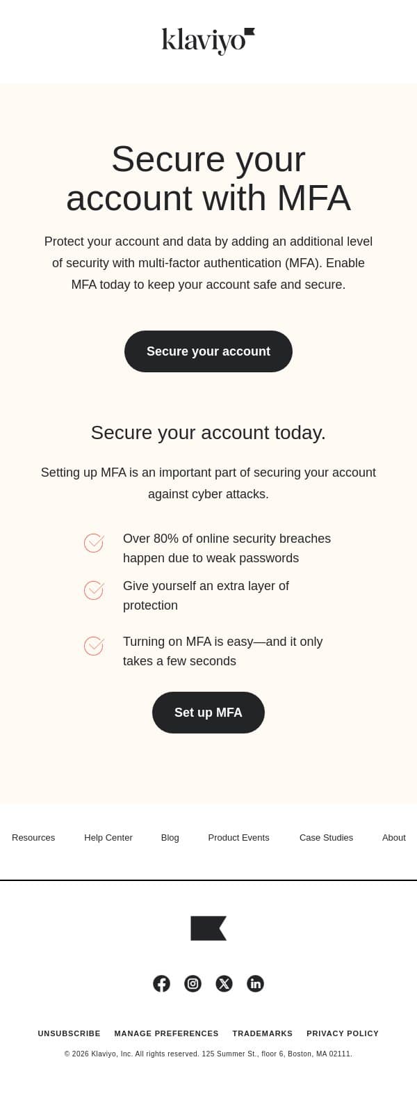Don’t forget to set up MFA for your Klaviyo account email from Klaviyo screenshot