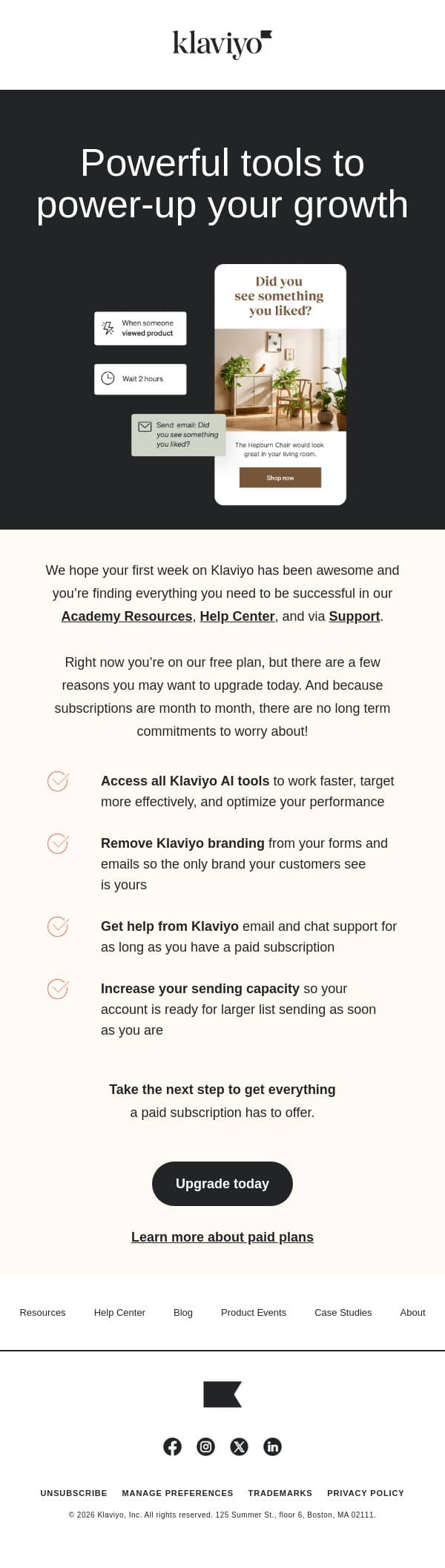 Four reasons to upgrade your Klaviyo account today email from Klaviyo screenshot