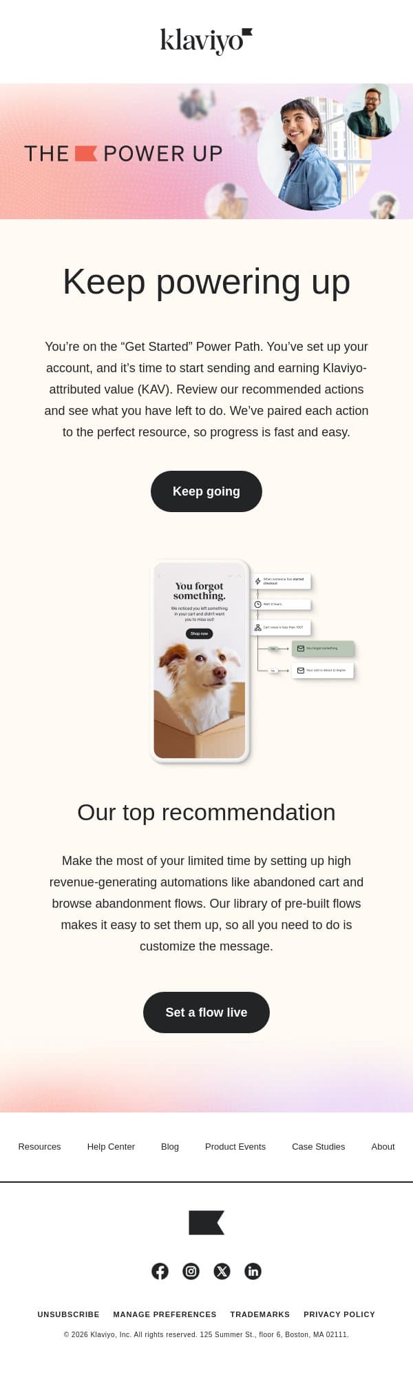 Our top recommendations for continued growth email from Klaviyo screenshot