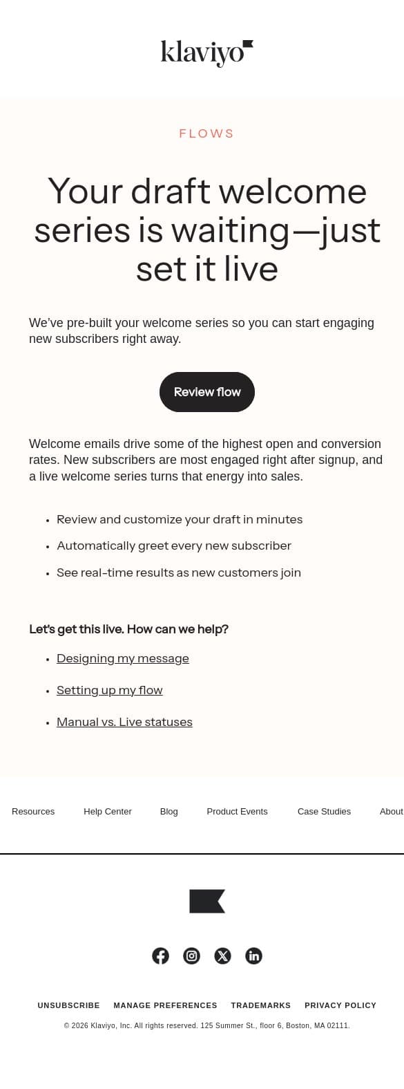 Your welcome series is ready email from Klaviyo screenshot