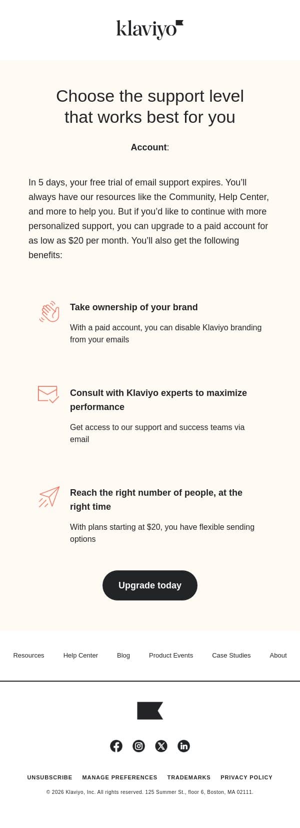 Your email support free trial ends in 5 days email from Klaviyo screenshot