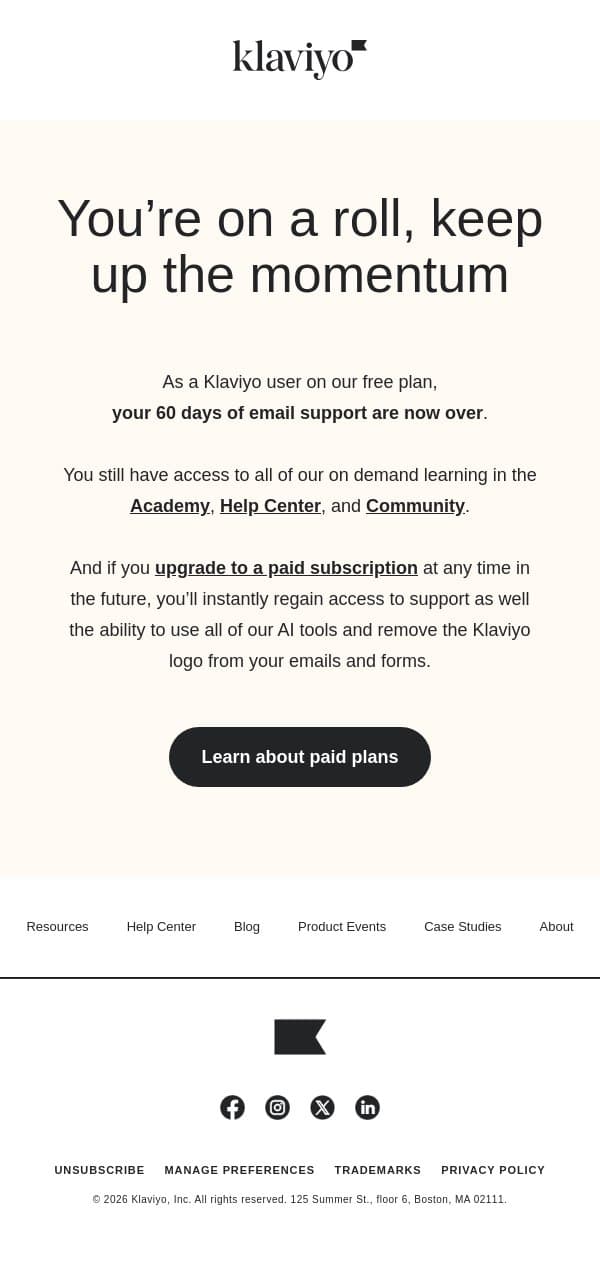 Your first 60 days on Klaviyo are over email from Klaviyo screenshot