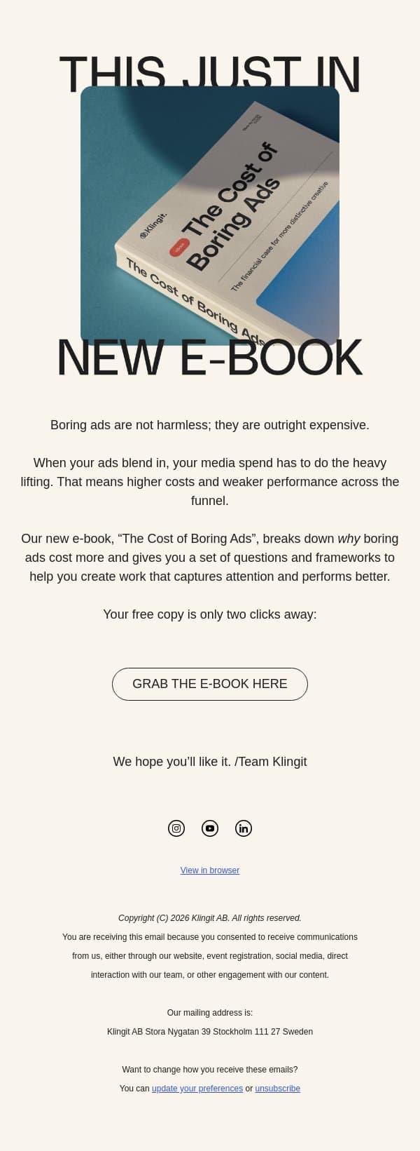 New E-book: The Cost of Boring Ads email from Klingit screenshot