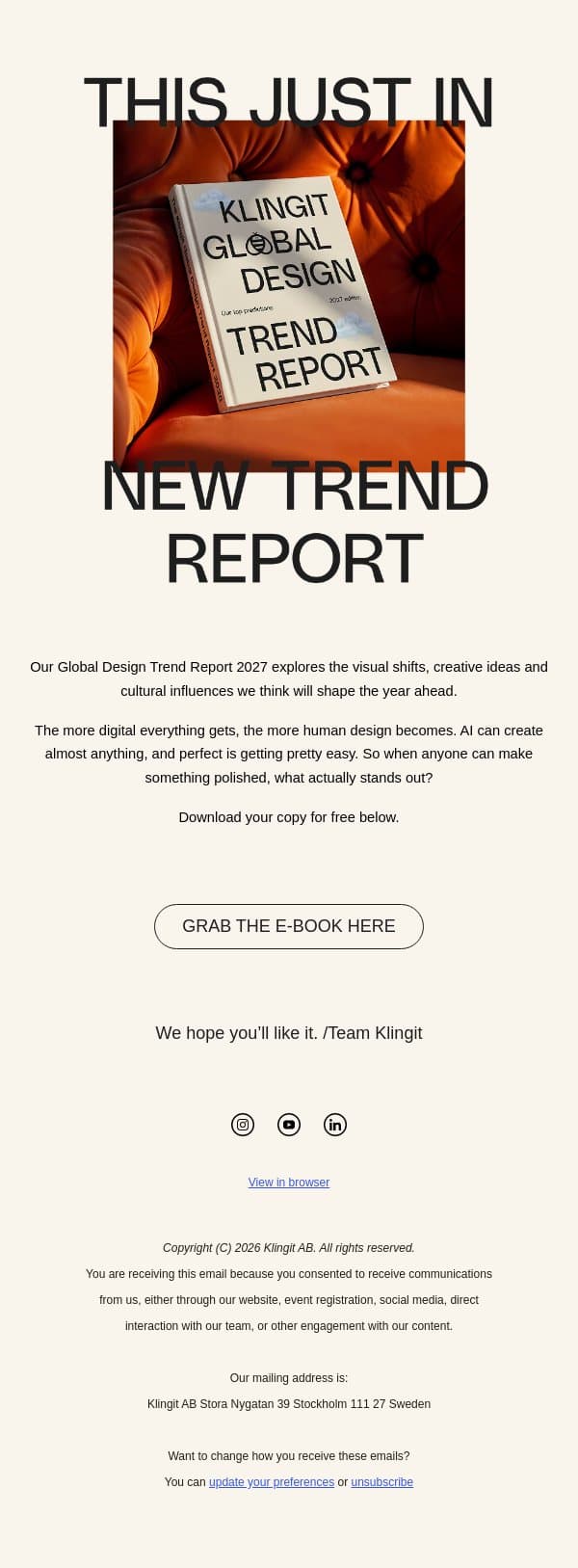 Global Design Trend Report 2027 email from Klingit screenshot