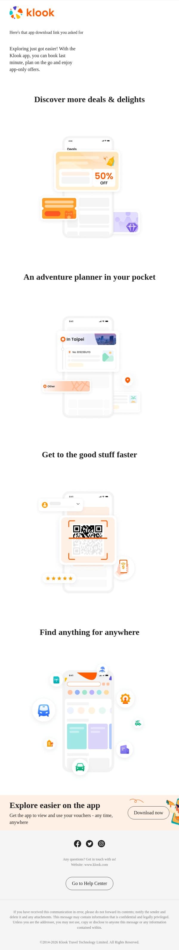 Here's that app download link you asked for email from Klook screenshot