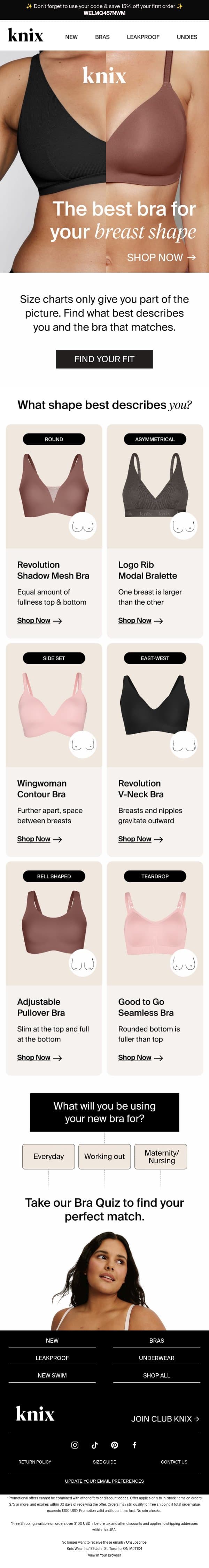 Curious about the best bra for your breast shape? email from Knix screenshot