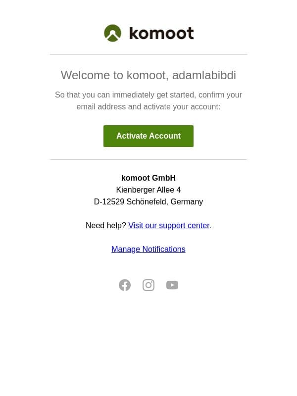 Activate your komoot account, adamlabibdi email from Komoot screenshot