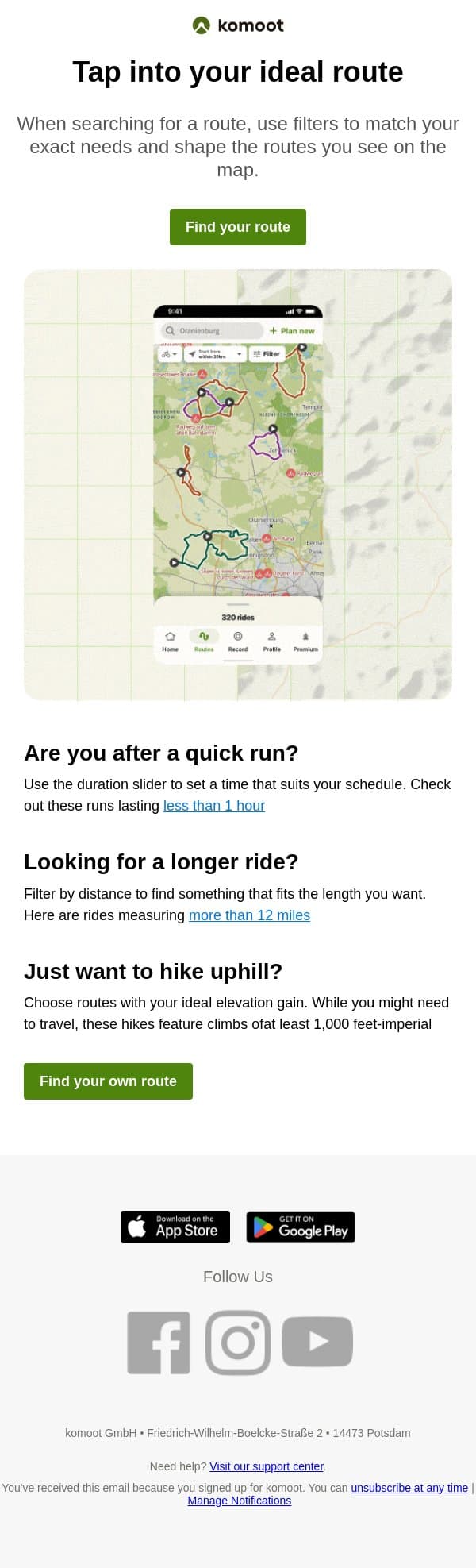 Tap into your ideal route with search filters email from Komoot screenshot