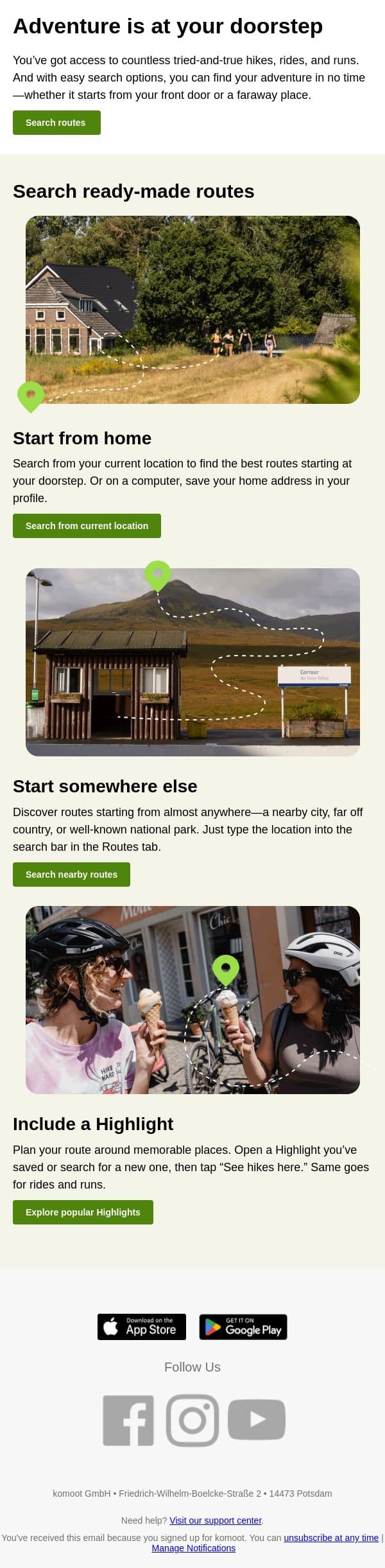 Adventure is at your doorstep email from Komoot screenshot